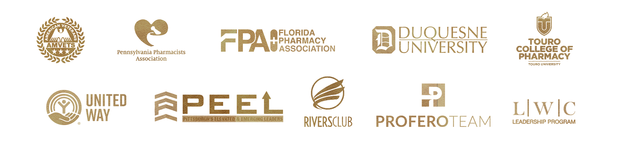 1.Keynote Speaker for AMVets Event
2.Pennsylvania Pharmacists Association
3.Florida Pharmacy Association
4.Duquesne University
5.Touro College of Pharmacy
6.United Way – Keynote speaker
7.PEEL – Pittsburgh’s Elevated & Emerging Leaders
8.Profero Team
9.Rivers Club
10.LWC Leadership Program
